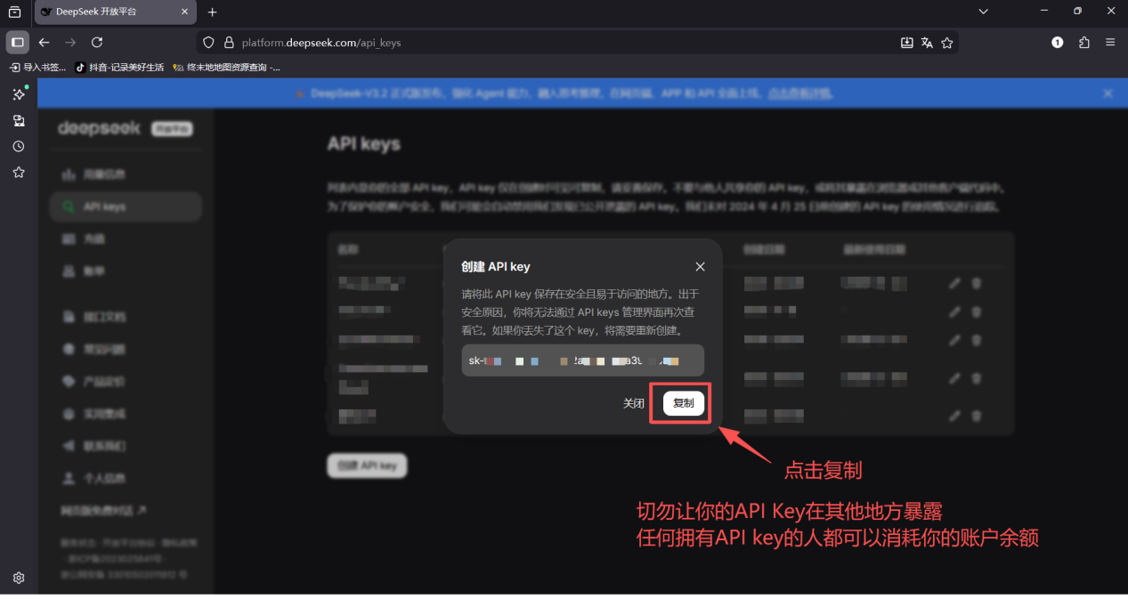 复制 API Key